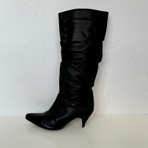 VINTAGE BASEMENT Slouchy Boots EU 37 Black Leather Kitten Heel Pointed Toe Y2K - Picture 4 of 15